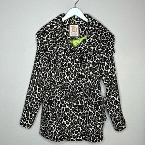 Dollhouse Hooded Cheetah Print Pea Coat Jacket Size Large Belted Shawl Collar